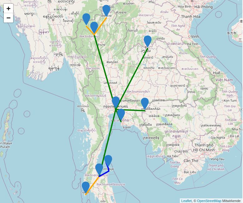 Karte von Thailands Bus-, Zug- und Fährverbindungen inkl. Preisen und Empfehlungen für das Rumreisen in Thailand